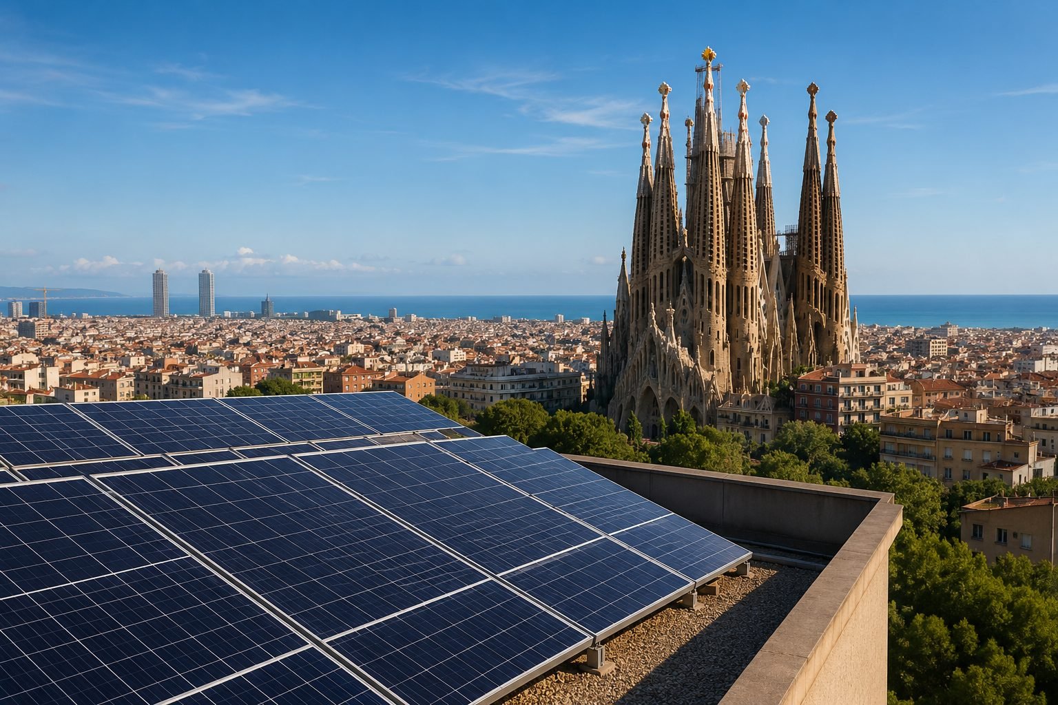Placas solares sobre una cubierta plana de Barcelona con la Sagrada Família al fondo