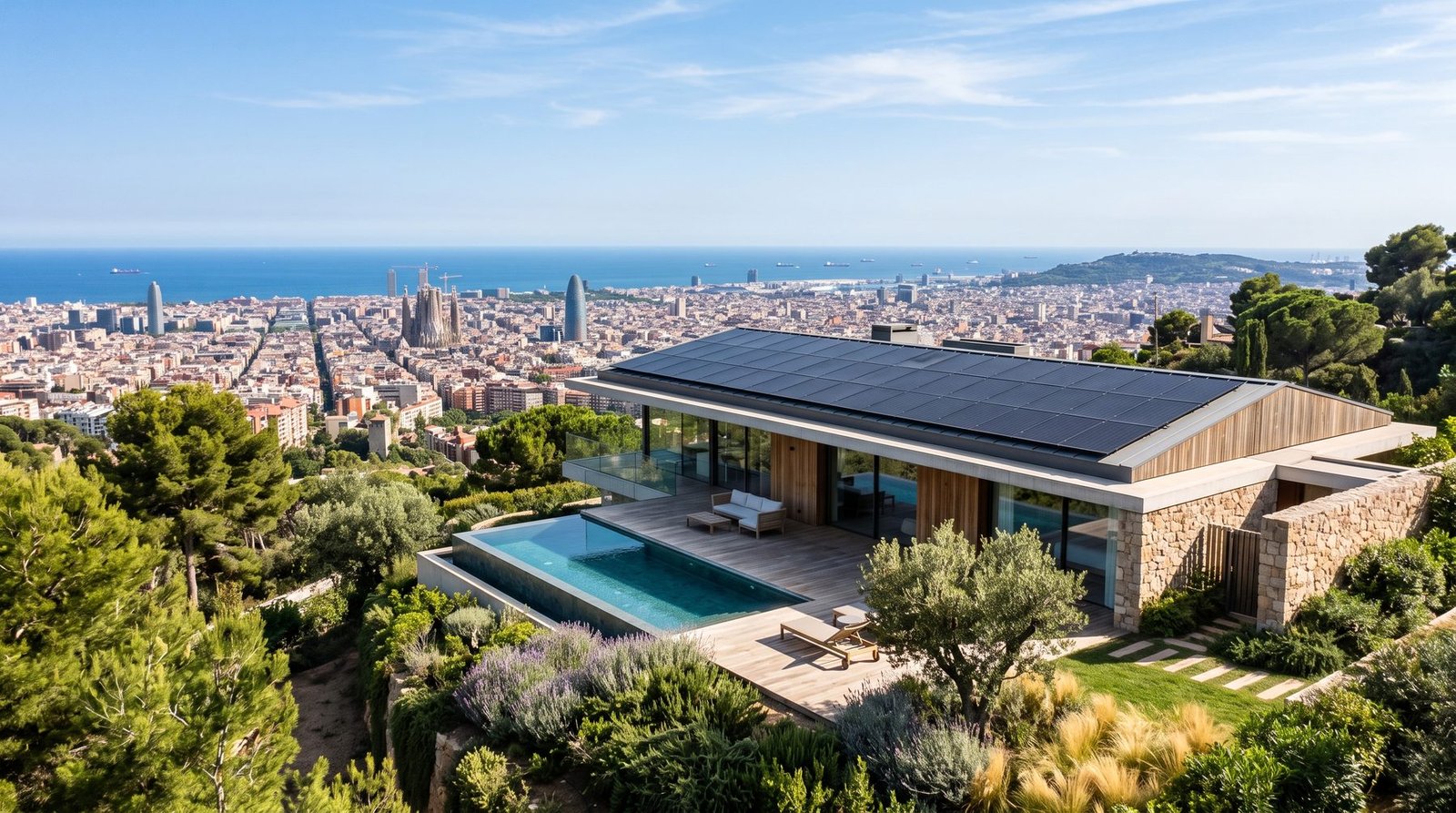 Vivienda con cubierta fotovoltaica y vistas panorámicas a Barcelona y al mar