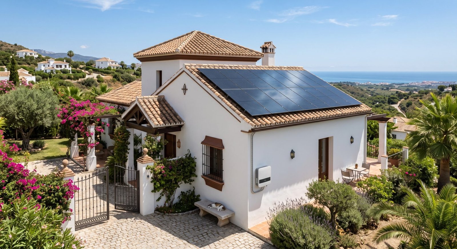 Vivienda mediterránea de teja con módulos fotovoltaicos e inversor en fachada