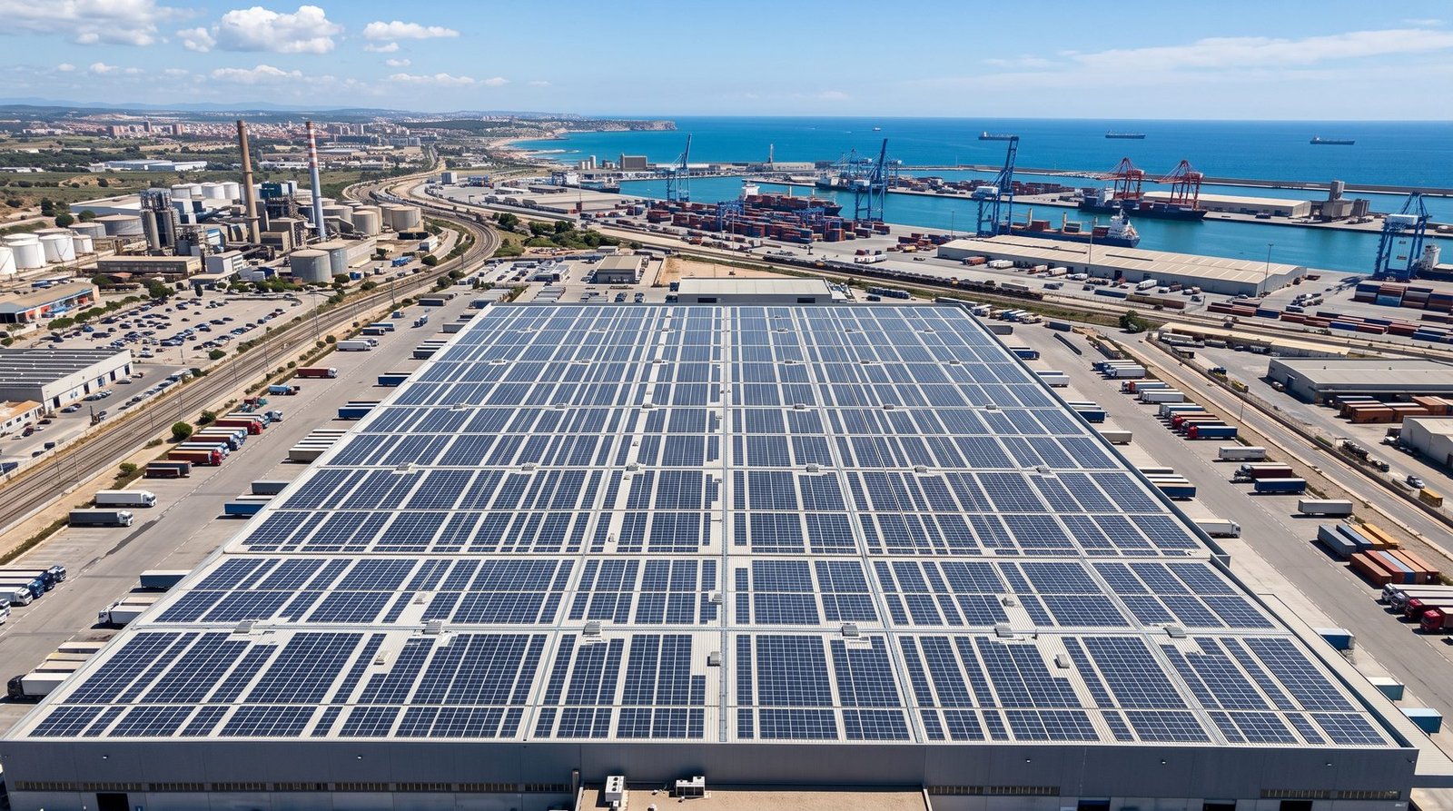 Cubierta de nave logística cubierta de placas solares junto a un puerto industrial