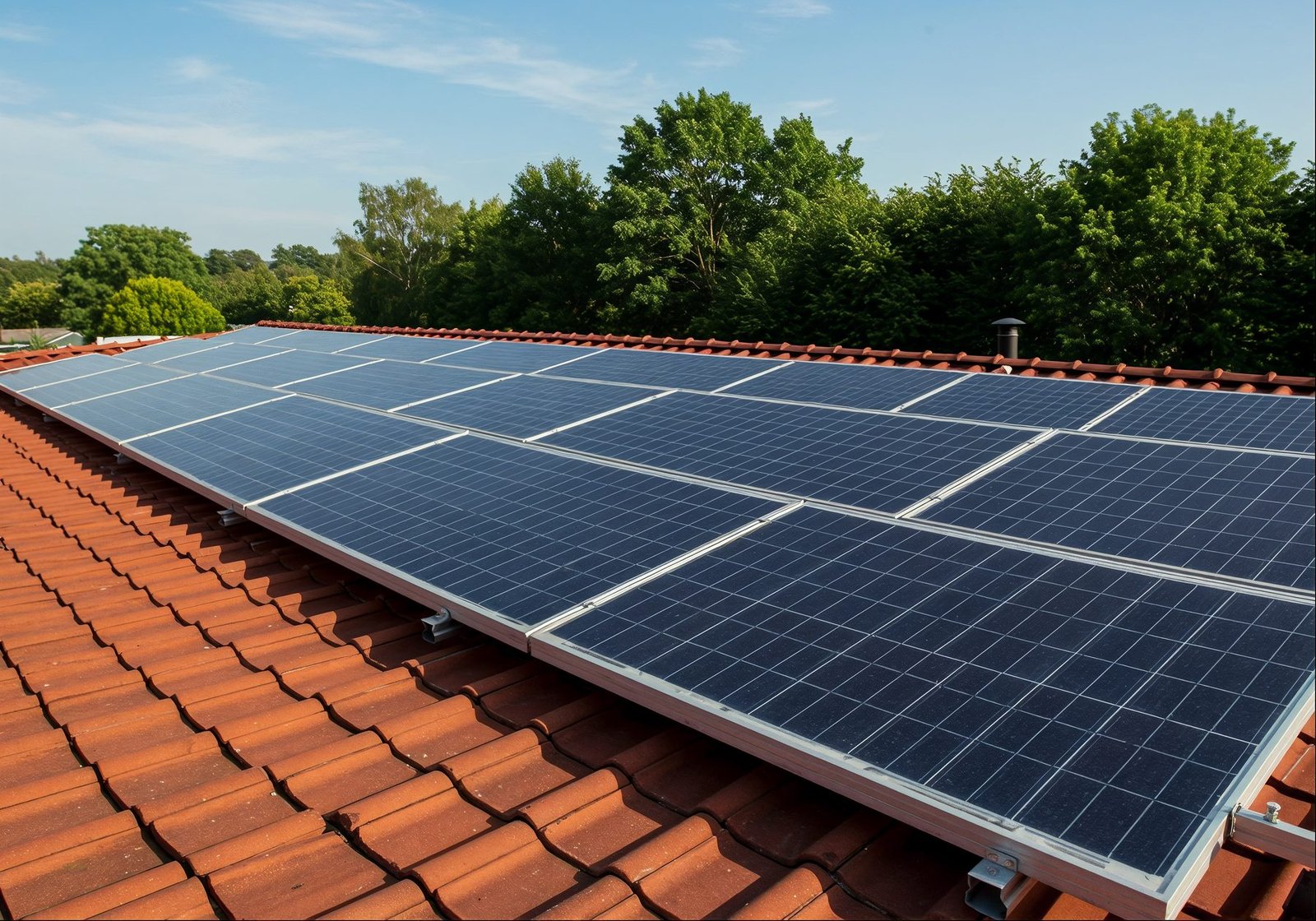 Hilera de módulos fotovoltaicos montados sobre una cubierta de teja