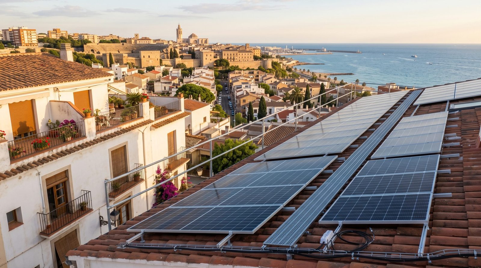 Placas solares sobre un tejado de teja con el casco antiguo y el mar al fondo
