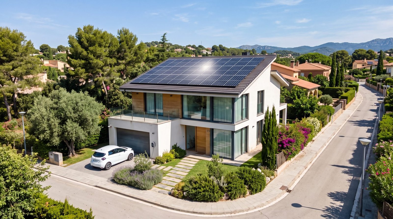 Vivienda unifamiliar con instalación fotovoltaica en la cubierta y coche eléctrico en la entrada